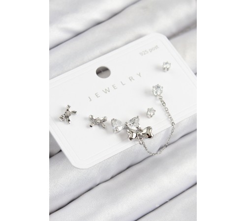 Pirinç Zirkon Taşlı Fiyonk Model Gümüş Renk 925 Ayar Gümüş Çivi Kadın Küpe Set - TJ-BKP11155