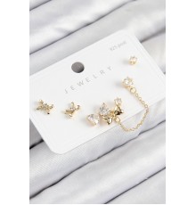 Pirinç Zirkon Taşlı Fiyonk Model Gold Renk 925 Ayar Gümüş Çivi Kadın Küpe Set - TJ-BKP11156