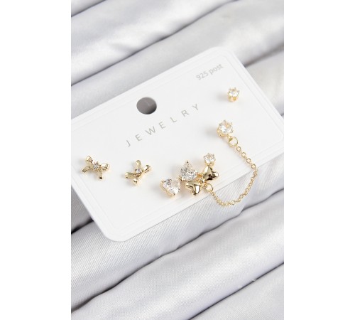 Pirinç Zirkon Taşlı Fiyonk Model Gold Renk 925 Ayar Gümüş Çivi Kadın Küpe Set - TJ-BKP11156