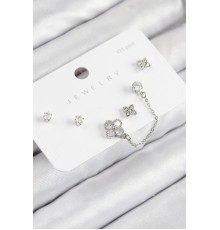 Pirinç Zirkon Taşlı Yonca Model Gümüş Renk 925 Ayar Gümüş Çivi Kadın Küpe Set - TJ-BKP11157