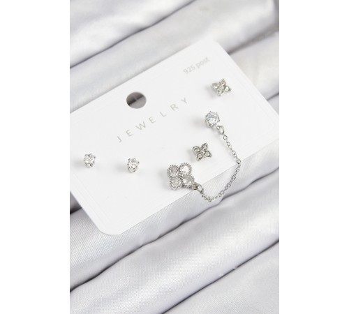 Pirinç Zirkon Taşlı Yonca Model Gümüş Renk 925 Ayar Gümüş Çivi Kadın Küpe Set - TJ-BKP11157