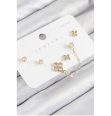 Pirinç Zirkon Taşlı Yonca Model Gold Renk 925 Ayar Gümüş Çivi Kadın Küpe Set - TJ-BKP11158