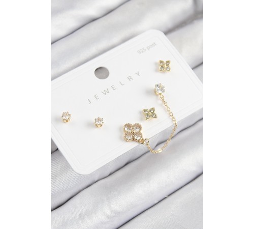 Pirinç Zirkon Taşlı Yonca Model Gold Renk 925 Ayar Gümüş Çivi Kadın Küpe Set - TJ-BKP11158