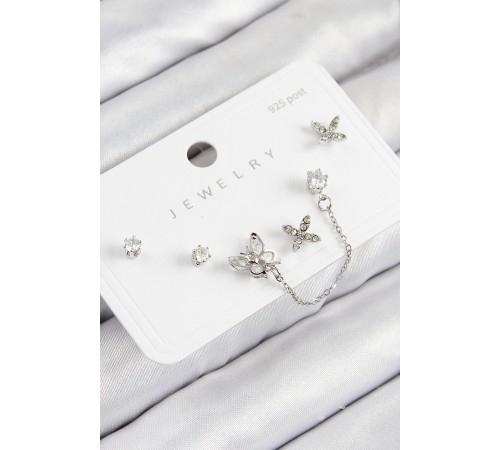 Pirinç Zirkon Taşlı Model Gümüş Renk 925 Ayar Gümüş Çivi Kadın Küpe Set - TJ-BKP11159