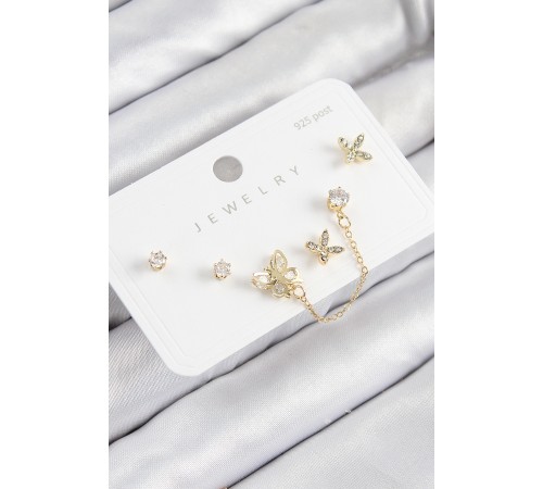 Pirinç Zirkon Taşlı Model Gold Renk 925 Ayar Gümüş Çivi Kadın Küpe Set - TJ-BKP11160