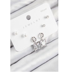 Pirinç Zirkon Taşlı Sallantılı Kare Model Gümüş Renk 925 Ayar Gümüş Çivi Kadın Küpe Set - TJ-BKP11161