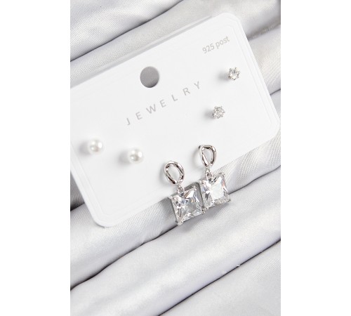 Pirinç Zirkon Taşlı Sallantılı Kare Model Gümüş Renk 925 Ayar Gümüş Çivi Kadın Küpe Set - TJ-BKP11161