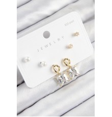 Pirinç Zirkon Taşlı Sallantılı Kare Model Gold Renk 925 Ayar Gümüş Çivi Kadın Küpe Set - TJ-BKP11162