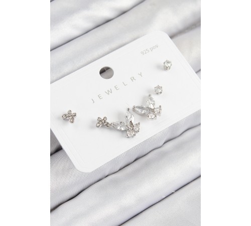 Pirinç Zirkon Taşlı Model Gümüş Renk 925 Ayar Gümüş Çivi Kadın Küpe Set - TJ-BKP11165