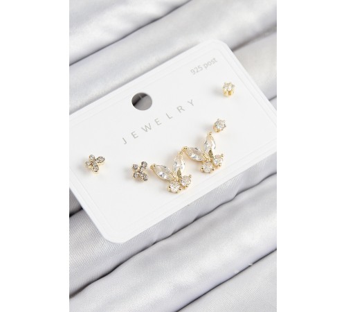 Pirinç Zirkon Taşlı Model Gold Renk 925 Ayar Gümüş Çivi Kadın Küpe Set - TJ-BKP11166