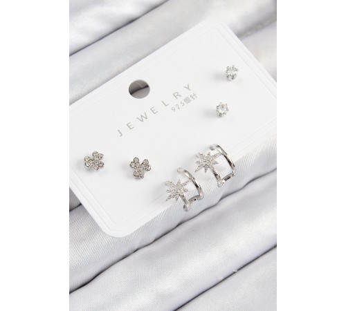 Pirinç Zirkon Taşlı Kutup Yıldızı Model Gümüş Renk 925 Ayar Gümüş Çivi Kadın Küpe Set - TJ-BKP11167