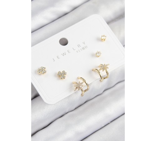 Pirinç Zirkon Taşlı Kutup Yıldızı Model Gold Renk 925 Ayar Gümüş Çivi Kadın Küpe Set - TJ-BKP11168