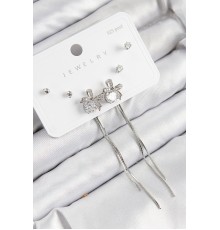 Pirinç Zirkon Taşlı Sallantılı Fiyonk Model Gümüş Renk 925 Ayar Gümüş Çivi Kadın Küpe Set - TJ-BKP11169