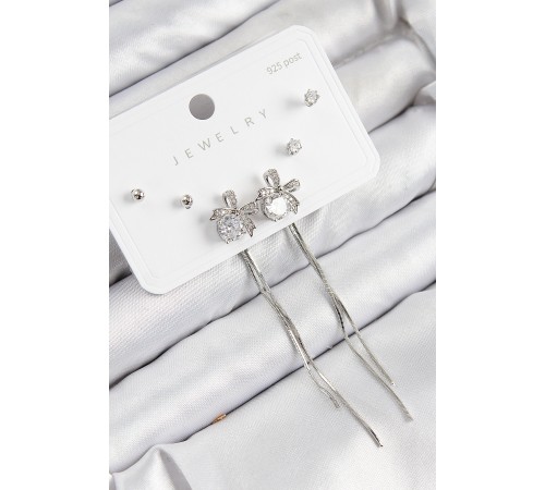 Pirinç Zirkon Taşlı Sallantılı Fiyonk Model Gümüş Renk 925 Ayar Gümüş Çivi Kadın Küpe Set - TJ-BKP11169