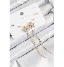 Pirinç Zirkon Taşlı Sallantılı Fiyonk Model Gold Renk 925 Ayar Gümüş Çivi Kadın Küpe Set - TJ-BKP11170