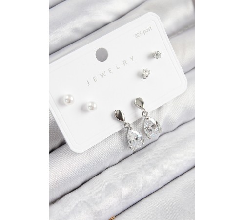 Pirinç Zirkon Taşlı Sallantılı Damla Model Gümüş Renk 925 Ayar Gümüş Çivi Kadın Küpe Set - TJ-BKP11171