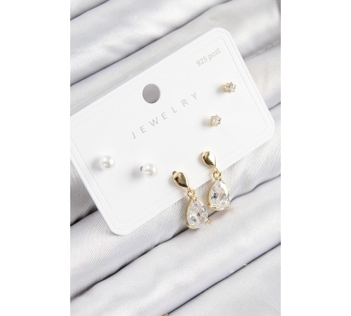 Pirinç Zirkon Taşlı Sallantılı Damla Model Gold Renk 925 Ayar Gümüş Çivi Kadın Küpe Set - TJ-BKP11172