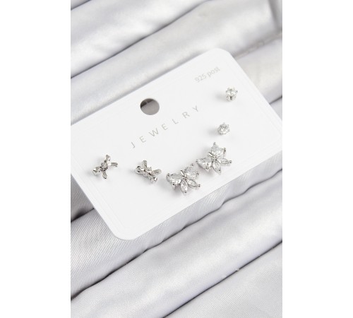 Pirinç Zirkon Taşlı Fiyonk Model Gümüş Renk 925 Ayar Gümüş Çivi Kadın Küpe Set - TJ-BKP11173