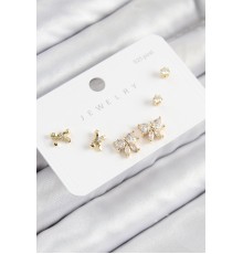 Pirinç Zirkon Taşlı Fiyonk Model Gold Renk 925 Ayar Gümüş Çivi Kadın Küpe Set - TJ-BKP11174