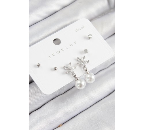 Pirinç Zirkon Taşlı İnci Sallantılı Çiçek Model Gümüş Renk 925 Ayar Gümüş Çivi Kadın Küpe Set - TJ-BKP11175