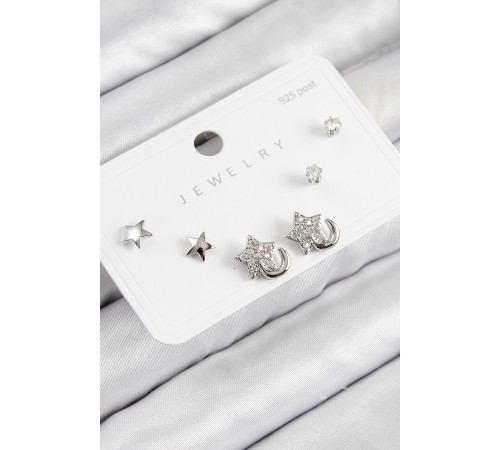 Pirinç Zirkon Taşlı Yıldız Model Gümüş Renk 925 Ayar Gümüş Çivi Kadın Küpe Set - TJ-BKP11177