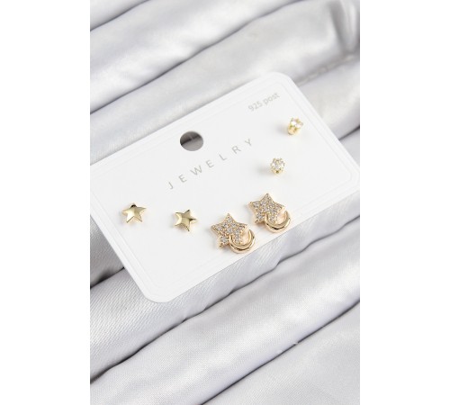 Pirinç Zirkon Taşlı Yıldız Model Gold Renk 925 Ayar Gümüş Çivi Kadın Küpe Set - TJ-BKP11178