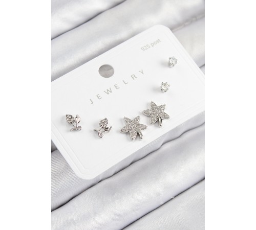 Pirinç Zirkon Taşlı Yıldız Ve Gül Model Gümüş Renk 925 Ayar Gümüş Çivi Kadın Küpe Set - TJ-BKP11179
