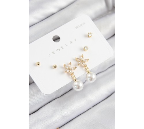 Pirinç Zirkon Taşlı İnci Sallantılı Çiçek Model Gümüş Renk 925 Ayar Gümüş Çivi Kadın Küpe Set - TJ-BKP11176