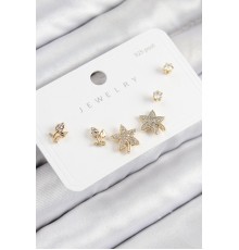Pirinç Zirkon Taşlı Yıldız Ve Gül Model Gold Renk 925 Ayar Gümüş Çivi Kadın Küpe Set - TJ-BKP11180