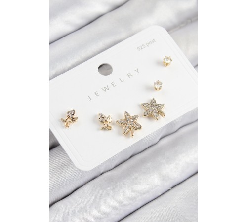 Pirinç Zirkon Taşlı Yıldız Ve Gül Model Gold Renk 925 Ayar Gümüş Çivi Kadın Küpe Set - TJ-BKP11180