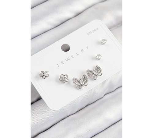 Pirinç Zirkon Taşlı Model Gümüş Renk 925 Ayar Gümüş Çivi Kadın Küpe Set - TJ-BKP11181