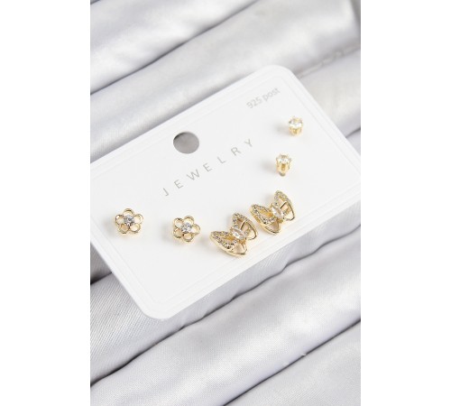 Pirinç Zirkon Taşlı Model Gold Renk 925 Ayar Gümüş Çivi Kadın Küpe Set - TJ-BKP11182