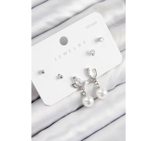 Pirinç Zirkon Taşlı İnci Sallantılı Damla Model Gümüş Renk 925 Ayar Gümüş Çivi Kadın Küpe Set - TJ-BKP11183