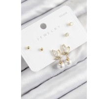 Pirinç Zirkon Taşlı İnci Sallantılı Damla Model Gold Renk 925 Ayar Gümüş Çivi Kadın Küpe Set - TJ-BKP11184
