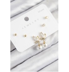 Pirinç Zirkon Taşlı İnci Sallantılı Damla Model Gold Renk 925 Ayar Gümüş Çivi Kadın Küpe Set - TJ-BKP11184