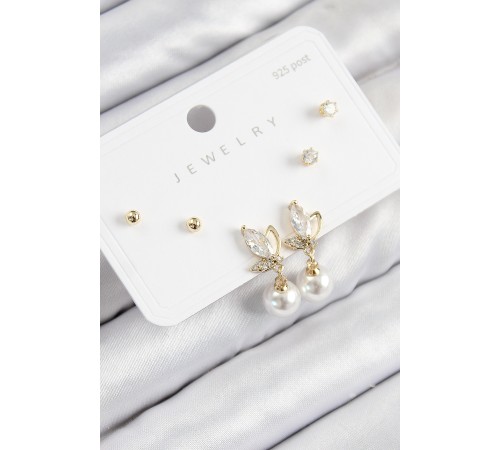 Pirinç Zirkon Taşlı İnci Sallantılı Damla Model Gold Renk 925 Ayar Gümüş Çivi Kadın Küpe Set - TJ-BKP11184