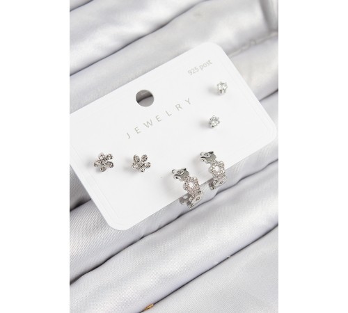 Pirinç Zirkon Taşlı Halka Model Gümüş Renk 925 Ayar Gümüş Çivi Kadın Küpe Set - TJ-BKP11185