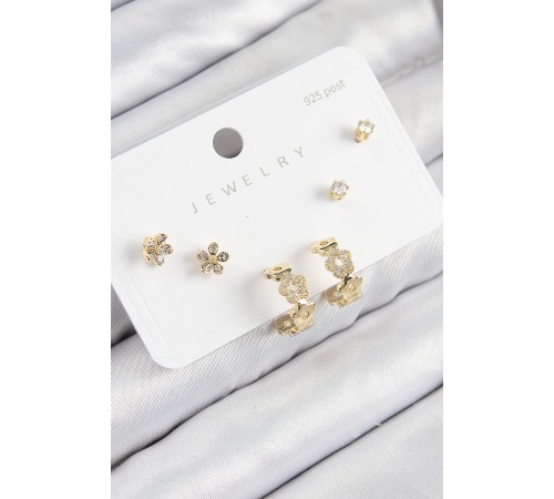 Pirinç Zirkon Taşlı Halka Model Gold Renk 925 Ayar Gümüş Çivi Kadın Küpe Set - TJ-BKP11186