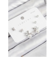 Pirinç Zirkon Taşlı İnci Melek Model Gümüş Renk 925 Ayar Gümüş Çivi Kadın Küpe Set - TJ-BKP11187