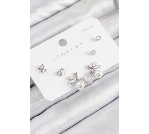 Pirinç Zirkon Taşlı İnci Melek Model Gümüş Renk 925 Ayar Gümüş Çivi Kadın Küpe Set - TJ-BKP11187