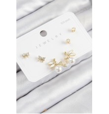 Pirinç Zirkon Taşlı İnci Melek Model Gold Renk 925 Ayar Gümüş Çivi Kadın Küpe Set - TJ-BKP11188