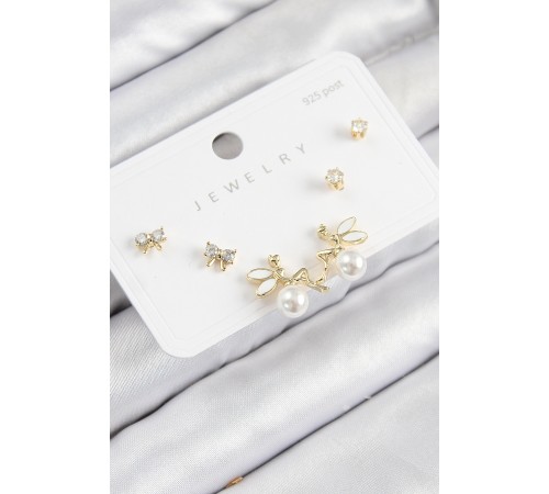 Pirinç Zirkon Taşlı İnci Melek Model Gold Renk 925 Ayar Gümüş Çivi Kadın Küpe Set - TJ-BKP11188