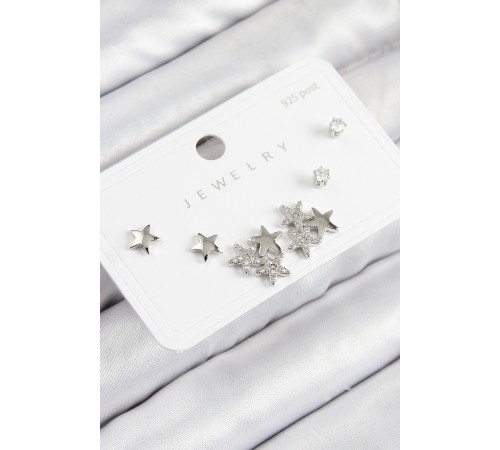 Pirinç Zirkon Taşlı Yıldız Model Gümüş Renk 925 Ayar Gümüş Çivi Kadın Küpe Set - TJ-BKP11189