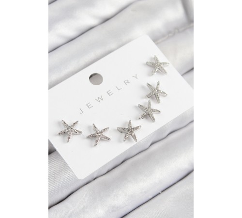 Pirinç Zirkon Taşlı Deniz Yıldızı Model Gümüş Renk 925 Ayar Gümüş Çivi Kadın Küpe Set - TJ-BKP11191