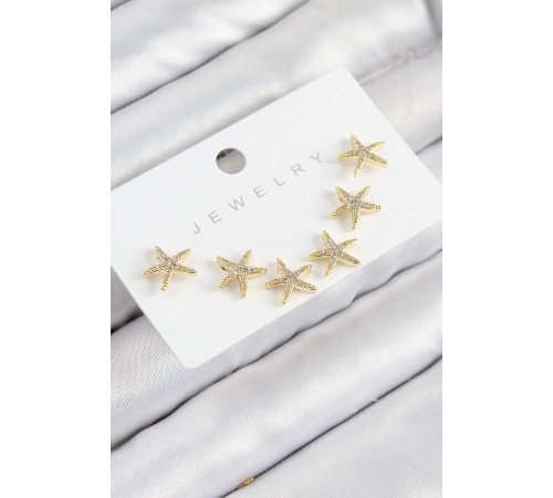 Pirinç Zirkon Taşlı Deniz Yıldızı Model Gold Renk 925 Ayar Gümüş Çivi Kadın Küpe Set - TJ-BKP11192