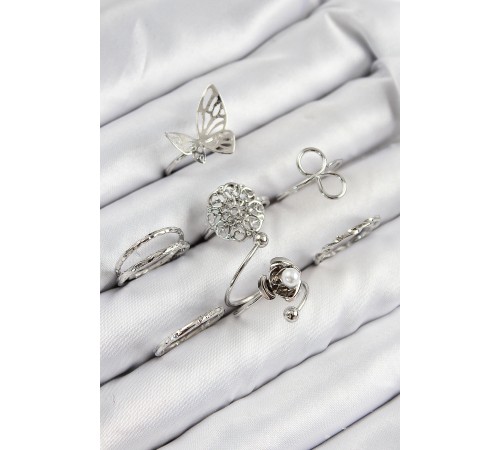 Pirinç Gül Model Gümüş Renk Kadın Yüzük Kombin Set - TJ-BYK3810