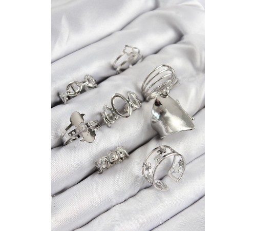 Pirinç Sarmal Ve Yıldız Model Gümüş Renk Kadın Yüzük Kombin Set - TJ-BYK3812