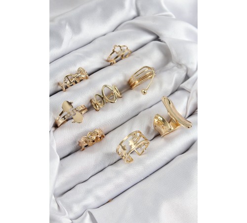 Pirinç Sarmal Ve Yıldız Model Gold Renk Kadın Yüzük Kombin Set - TJ-BYK3813