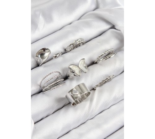 Pirinç Model Gümüş Renk Kadın Yüzük Kombin Set - TJ-BYK3814