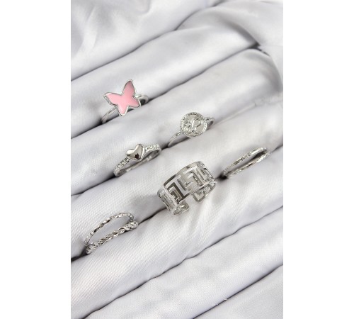 Pirinç Ve Kalp Model Gümüş Renk Kadın Yüzük Kombin Set - TJ-BYK3816